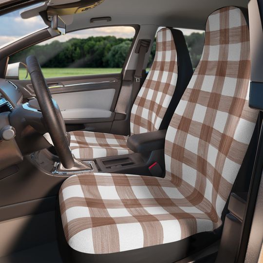 Discover Brown Gingham Car Seat Cover, Retro Vintage Boho Car Accessories Women, Preppy Stuff Tartan Plaid Cute Seat Covers, New Driver Birthday Gift