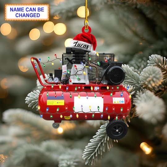 Discover Custom Name Air Compressor With Santa Hat Christmas Lights Ornament, Christmas Tree Hanging Decor, Christmas Ornament, Flat 2D Ornament