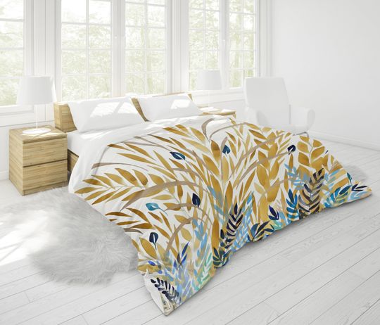 Discover Amber Grains Duvet Cover | King, Queen, Full, Twin | Cotton Sateen, White Backing, Hidden Zipper | Yellow Tan Blue Green Botanical Print