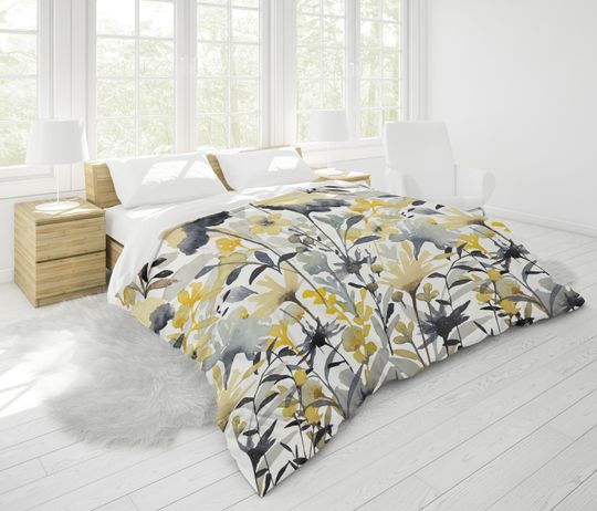 Discover Indigo & Honeycomb Floral Pattern Duvet Cover | King, Queen, Double, Twin | Cotton Sateen Off White Fabric | Navy Blue Yellow Gray