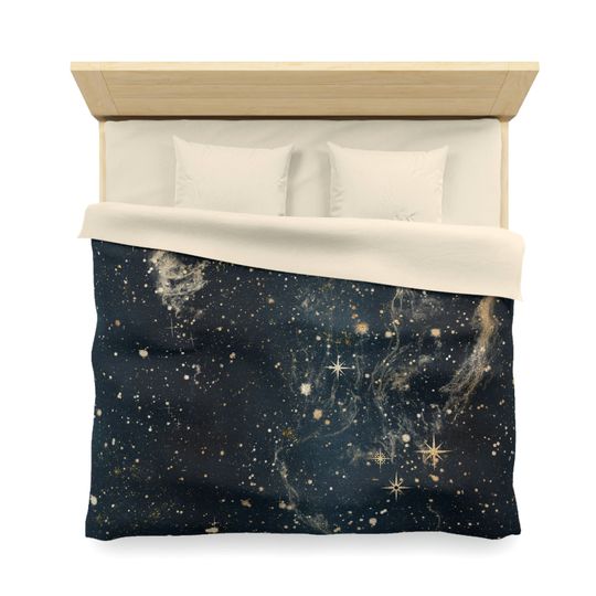 Discover Boho Duvet Cover, Abstract Navy Blue, Beige Gold Stars, Cosmic Universe, Celestial Sky, Magic Bedroom Decor, King, Queen Twin Duvet Cover