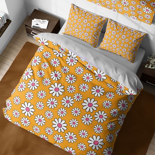 Discover Yellow Retro Daisies Cotton Duvet Cover Set, Hippie Daisy Floral Bedding, Cute Bohemian Maximalist Quilt Cover, King Queen Bedding Set Full