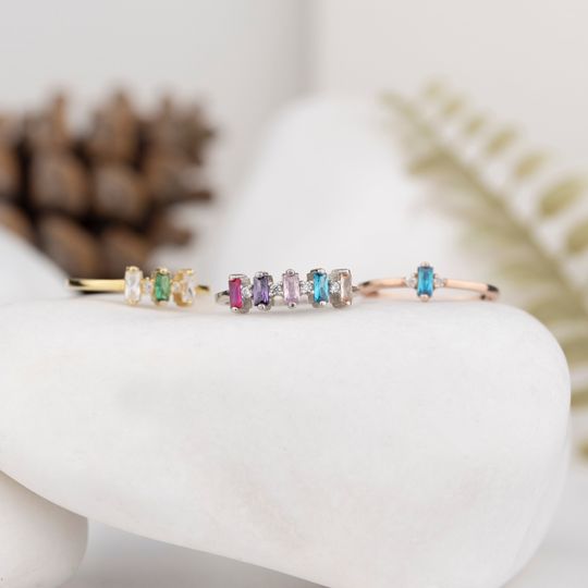 Discover Baguette Birthstone Ring, Mother Grandma Family Ring Gifts, Gold Silver Dainty Rings