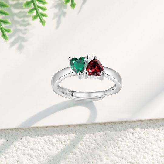 Discover Personalized double heart birthstone cut ring, handmade jewelry, wedding ring