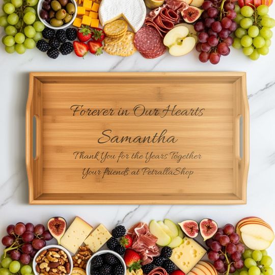 Discover Retirement gift, Engraved Bamboo Serving Tray, Personalized Memorial Kitchen Decor