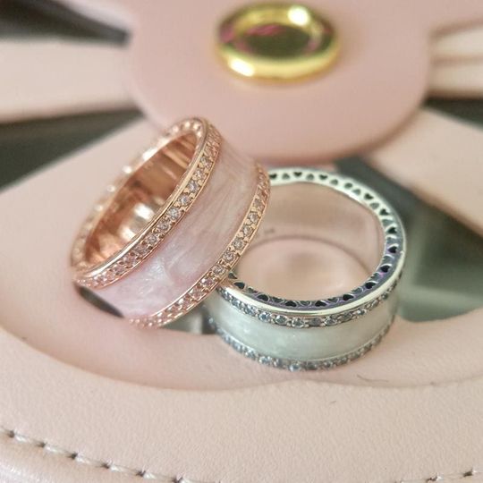 Discover Double CZ Paver & Pink White Enamel Band Ring