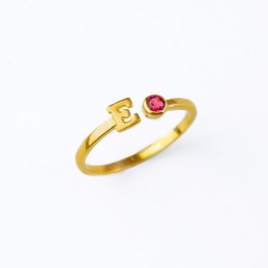 Discover Custom Initial and Birthstone Ring, Adjustable Ring, Gold Initial Ring, Personalized Gemstone and Arial Letter Ring, Birthday Gift for Her