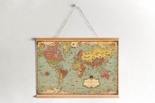 Discover Canvas Map of the World from 1931 Vintage Wall Decor| Botanical Scroll Canvas