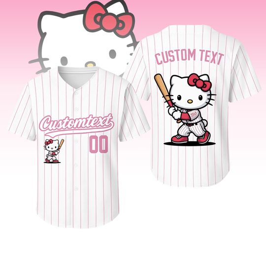 Discover Personalized Hello Kitty Pink Baseball Jersey, Cute Kitty Team Jersey For Women, Kawaii Matching Jersey Shirt, Pink Cat Jersey Shirt