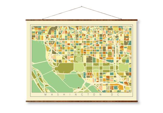 Discover Washington DC Mosaic City Art Map Vintage Colored Ready to Hang Canvas Decorative Wall Decor Map Scroll