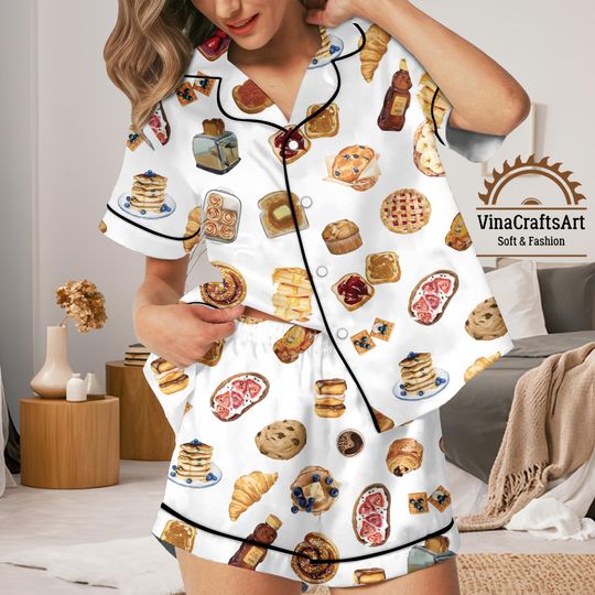 Discover Bakery Pajamas Set  Cute Breakfast Food Print Sleepwear