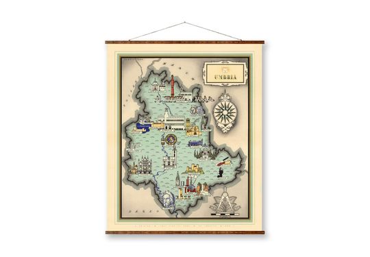 Discover Umbria Italy Vintage City Map on Ready to Hang Roll Down Canvas Decorative Antique Wall Decor Map Scroll