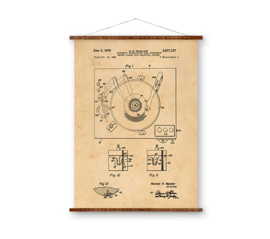 Discover Turntable Patent Vintage Illustrations Ready to Hang Roll Down Industrial Decorative Canvas Scroll Vintage Art