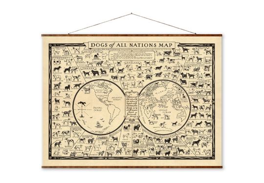 Discover Dog of All Nations Map Ready to Hang Roll Down Canvas Decorative Antique Wall Decor Map Scroll of Dogs