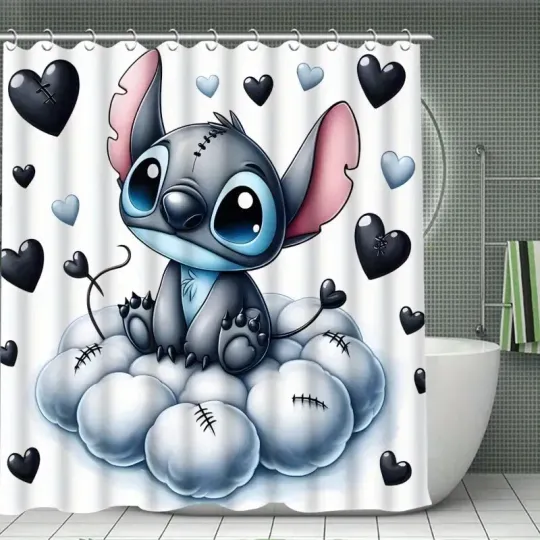 Discover Stitchh Shower Curtain Set Bath Mat Toilet U Mat Hearts Clouds Cartoon Theme