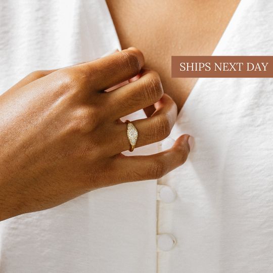 Discover Pave Signet Ring, Diamond Pinky Ring, Minimalist Statement Jewelry Gift