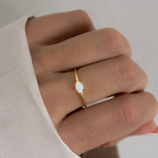 Discover Sterling Silver Opal Ring, Minimalist Gold Opal Promise Ring, Birthstone Ring, Engagement Ring