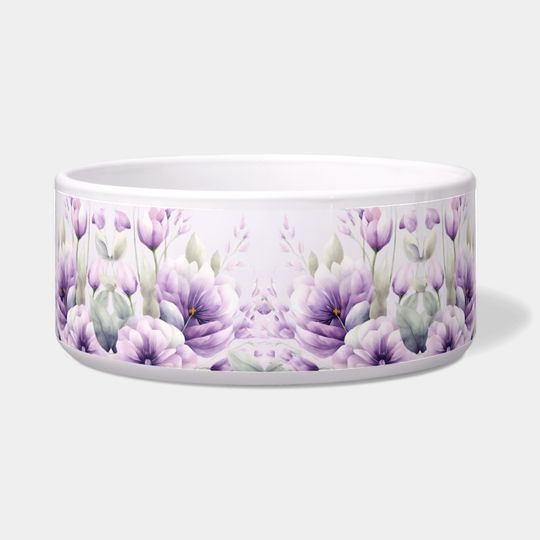 Discover Watercolor Purple Floral Ceramic Pet Bowl