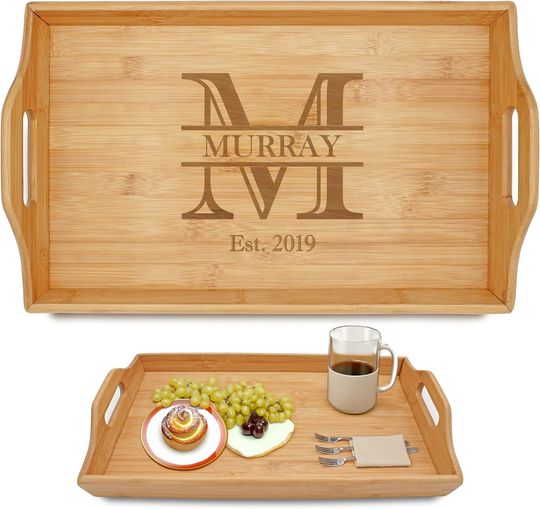 Discover Personalized Bamboo Wood Serving Tray with Handles, Engraved Wooden Trays, Housewarming Gifts BA01