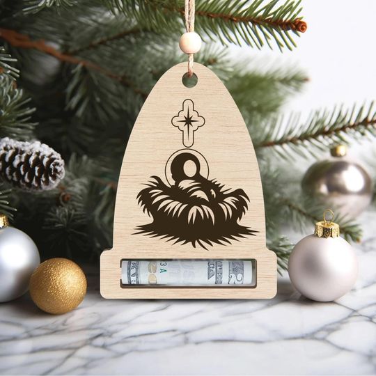 Discover Wooden Nativity Baby Jesus Ornament  4" Christian Christmas Tree Decoration with Money Holder - Religious Gift