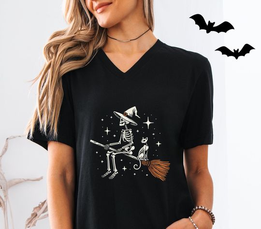 Discover Halloween Skeleton and Black Cat V-Neck T-Shirt - Anti-Trump Protest Design