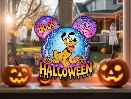 Discover Cute Halloween Dog Skeleton Suncatcher | Mickeyy Ears Boo Decor | Cartoon Style Fall Window Hanging Ornament