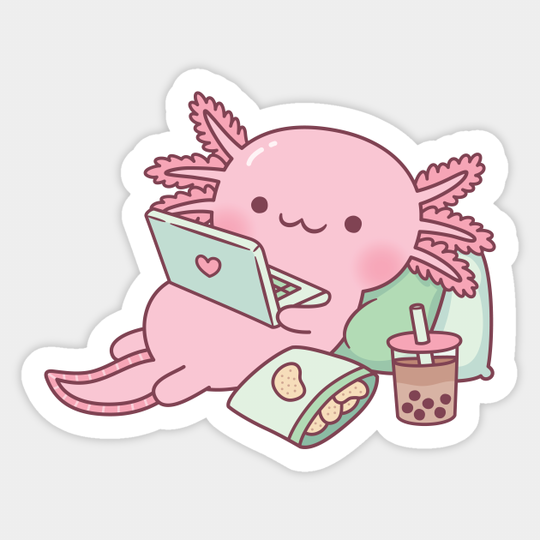 Discover Cute Axolotl Chilling with Laptop And Snacks - Cute Axolotl - Sticker
