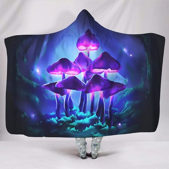 Discover Purple Glowing Mushrooms Hooded Blankets Throw Cloak Cape Colorful Ultra Soft Fleece Big Blanket Cape White