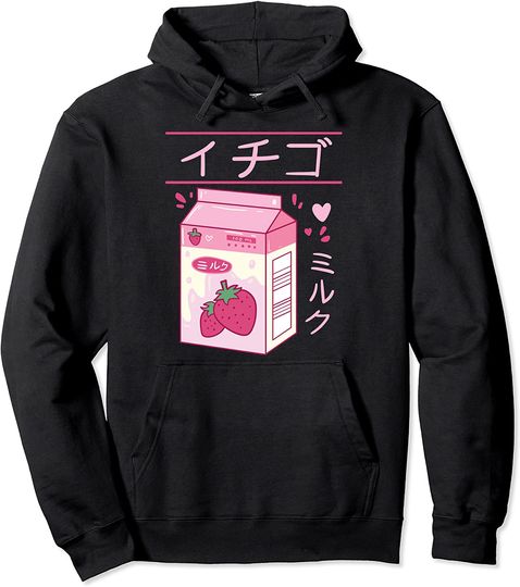 Discover Japanese Strawberry Milk Drink Kawaii Kanji Vaporwave Otaku Pullover Hoodie