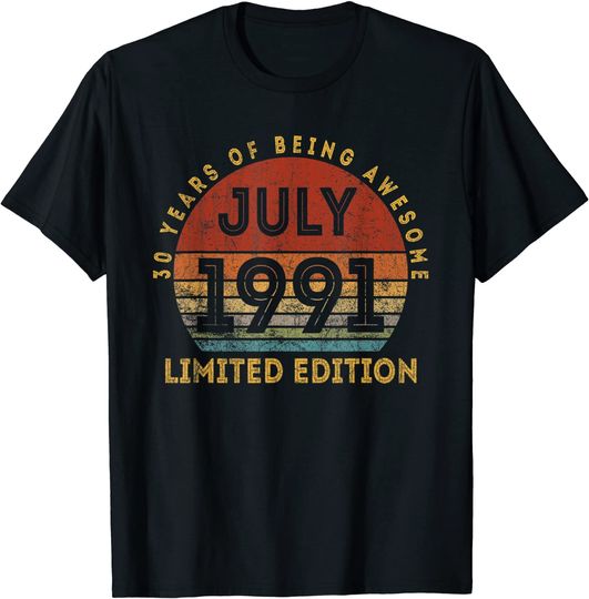 Discover Awesome Since July 1991 30th Birthday Gift 30 Years Old Men T Shirt