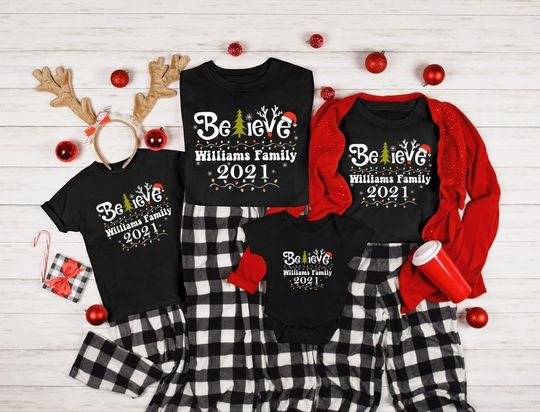 Discover Personalized Family Christmas Person Name Custom Christmas Believe Family Matching T-Shirt
