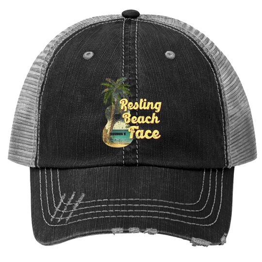 Discover Resting Beach Face Trucker Hat Guitar Coconut Tree Tropical