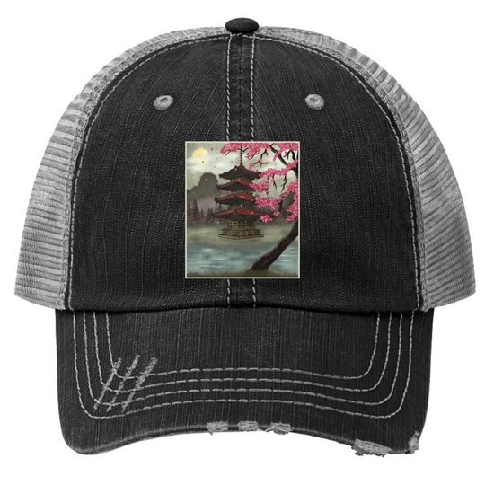 Discover Cherry Blossom Vintage Japanese Temple Sakura Woodblock Art Trucker Hat
