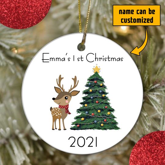 Discover Baby's 1st Christmas Deer Ceramic Circle Custom Ornament