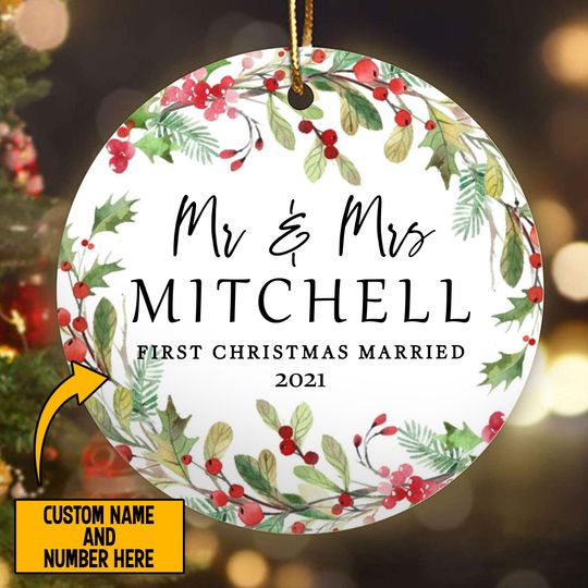 Discover First Christmas Married Mr And Mrs Ceramic Circle Custom Ornament