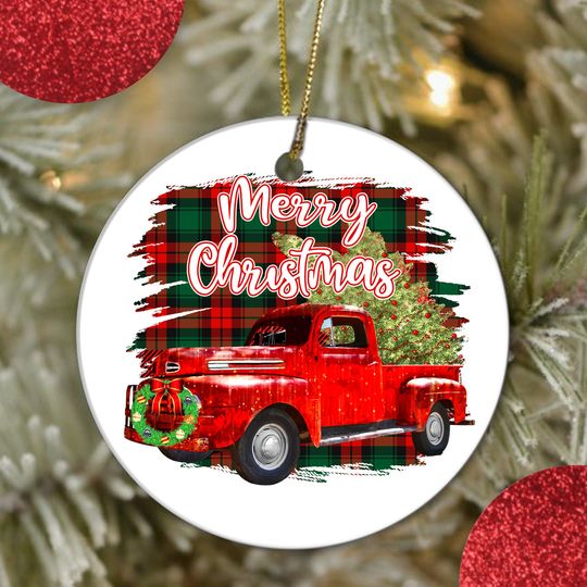 Discover Christmas Red Truck Merry Christmas Ceramic Circle Ornament