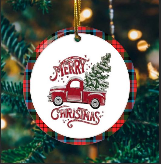 Discover Red Truck Merry Christmas Tree Ceramic Circle Ornament