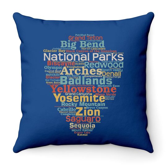 Discover National Parks List Word Cloud Camping Hiking Throw Pillow