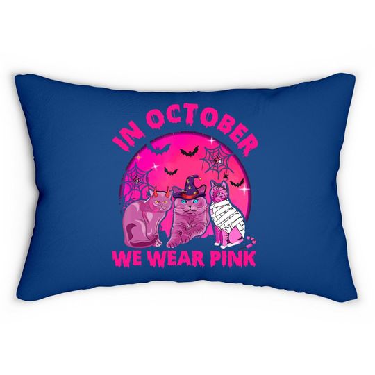 Discover In October We Wear Pink Cat Pumpkin Breast Cancer Halloween Lumbar Pillow