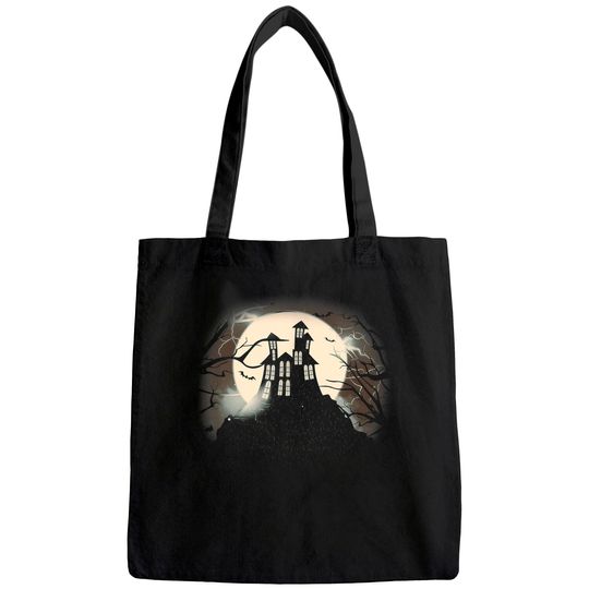 Discover Vintage Haunted House Halloween Tote Bag - Moon and Graveyard Tote Bag