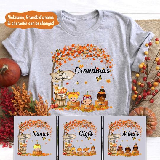 Discover Personalized Grandma's Little Pumpkin Autumn Halloween Family Matching T Shirt