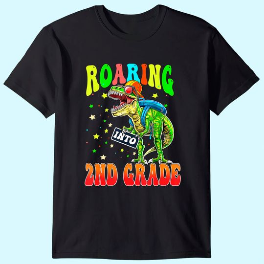 Discover Roaring Into 2nd Grade Dinosaur Back to School Boys T Shirt