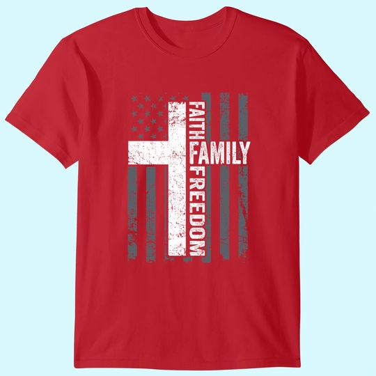 Discover Faith Family & Freedom - Christian USA Cross Flag -ON BACK T-Shirt
