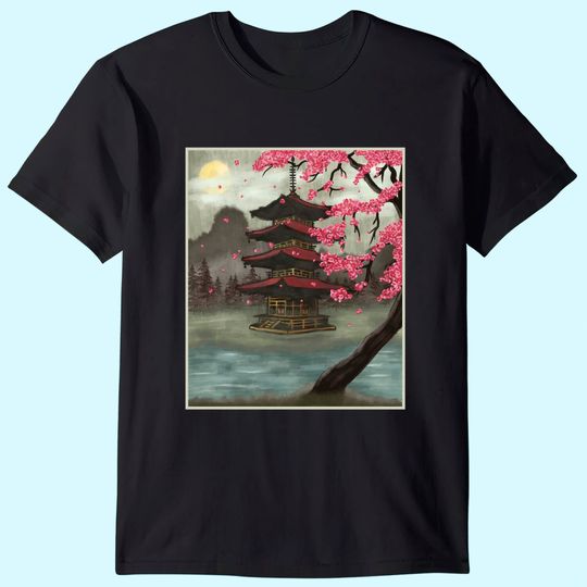 Discover Cherry Blossom Vintage Japanese Temple Sakura Woodblock Art T-Shirt