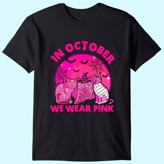 Discover In October We Wear Pink Cat Pumpkin Breast Cancer Halloween T-Shirt