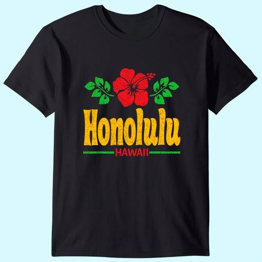 Discover Honolulu Hawaii Flowers Distressed Color Print T-Shirt