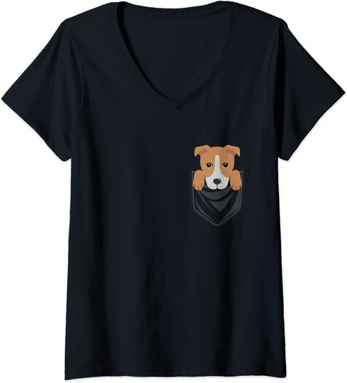 T-shirt de Mulher com Gola em V Bolso Com Um Cão
