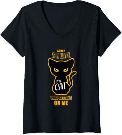 T-shirt de Mulher Gato Sentado em Mim Sorry I’m Late