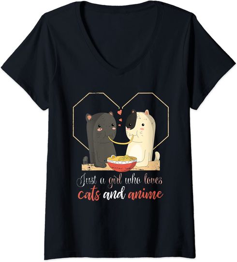 T-shirt de Mulher Presente dos Namorados Gato Ramen Anime com Decote em V