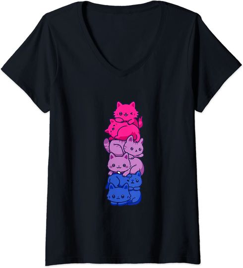 T-shirt de Mulher Bi Pride Cat LGBT Bisexual Bandera com Decote em V
